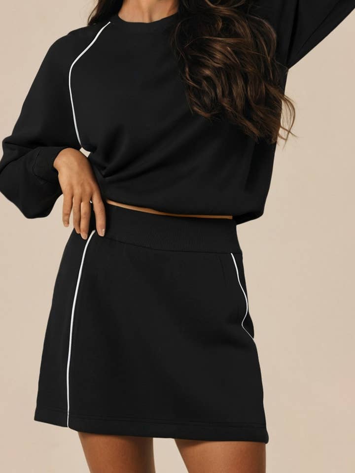 Contrast Piping Crewneck Pullover and Mini Skirt Set for wholesale by LA Society
