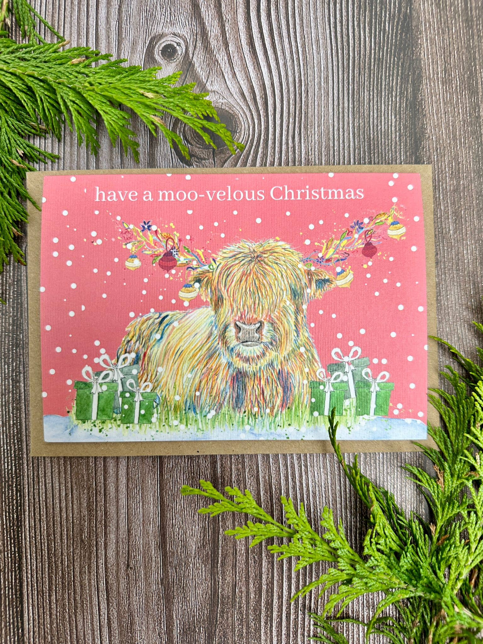 Jen Winnett Eco Artist – wholesale Christmas card – Christmas Highland Cow Eco Friendly Art Card Colourful Funny
