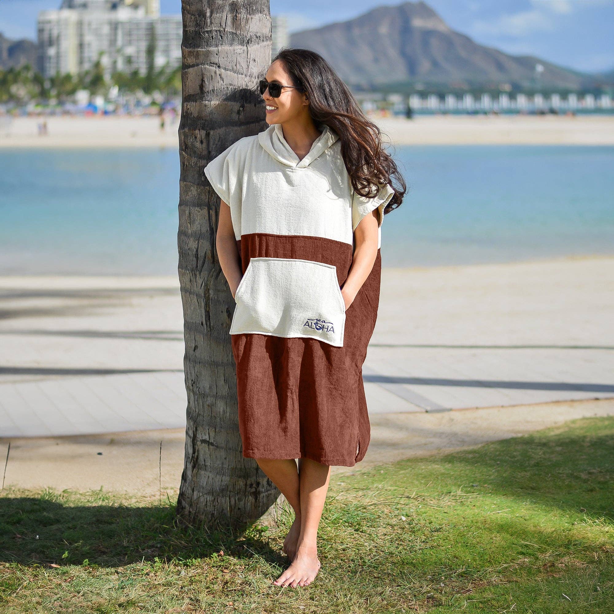 REMOVED BRAND - Wholesale Poncho - Unisex - Terry Velour Surf Poncho (Bone/Brown)2