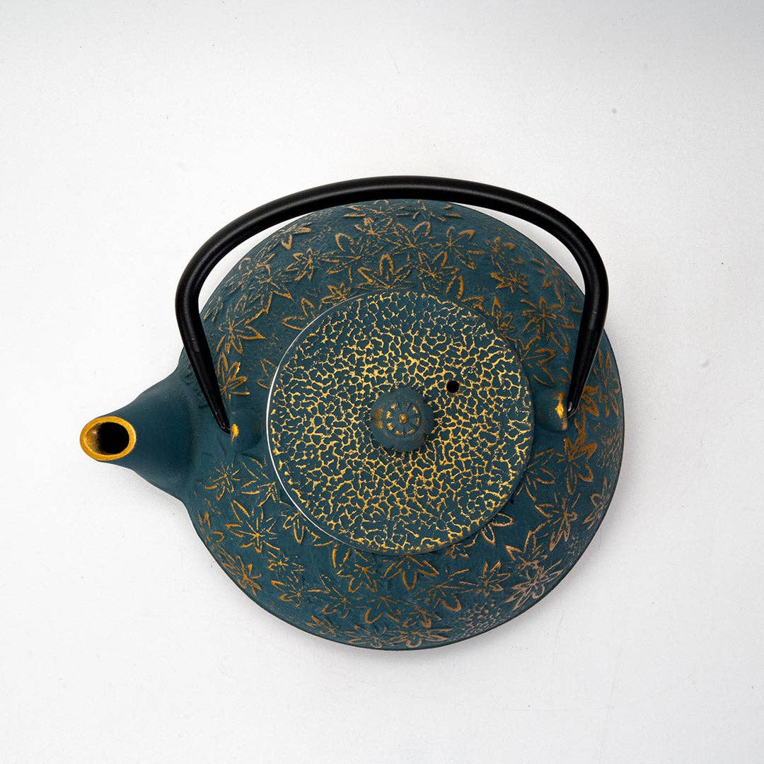 Urban Tokyo - Wholesale Tea Pot - Turquoise Maple Leaves Momiji Design 40oz Cast Iron Tea Pot (1/8)4