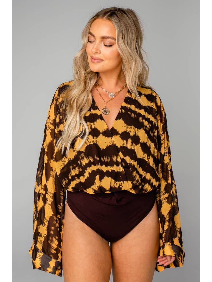 BuddyLove - Wholesale Bodysuit - Women's - Ariana Radioactive Yellow/Brown Bell Sleeve Bodysuit2