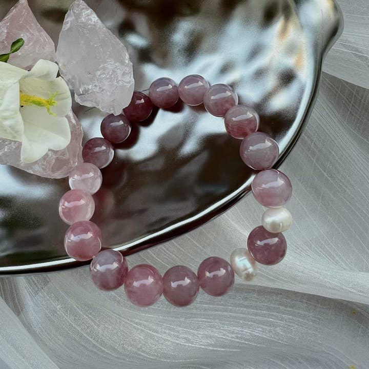 Pulsera de Cuarzo Rosa Púrpura y Perlas – Gema de Cuentas de 10 mm para venta al por mayor de Amaré