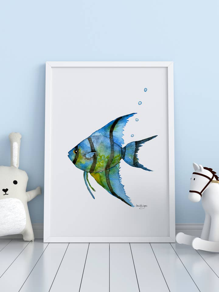 "Little Bubbles" (fun fish watercolor art print) for wholesale by davidkjonesart