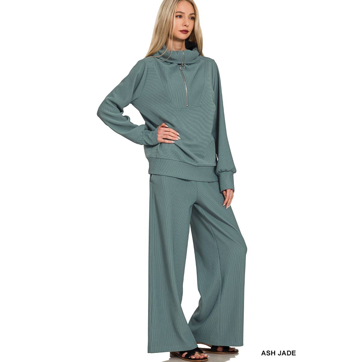 HiteJeans - Wholesale Lounge Set - Women's - Ribbed high neck half zip pullover pants set19