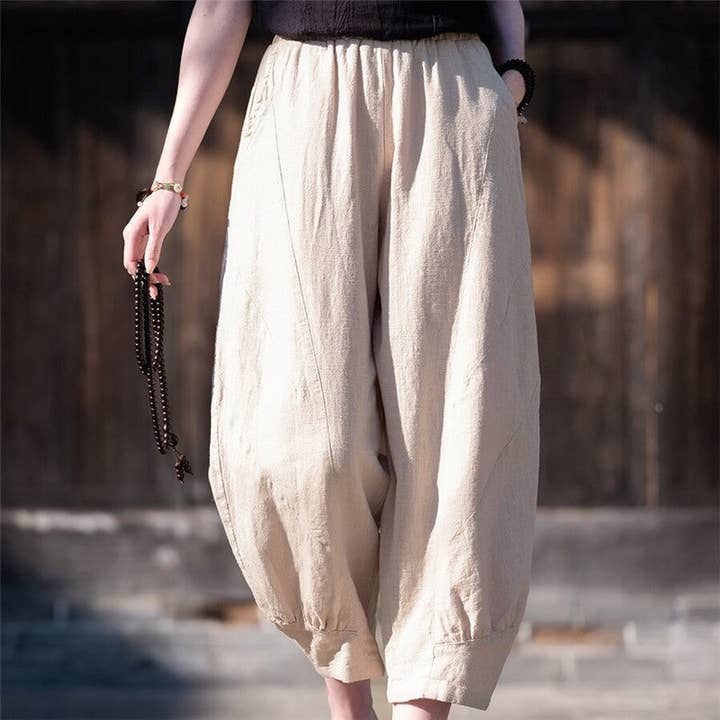 Solid Color Cotton and Linen Cropped Lantern Trousers for wholesale by FurDecoration