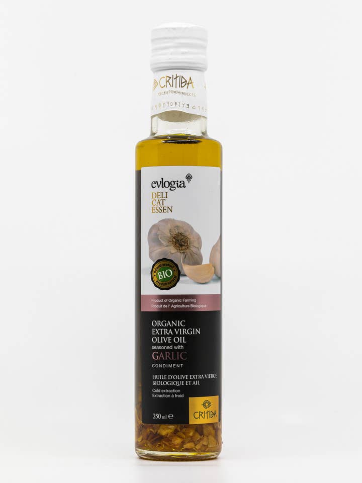 Organic extra virgin olive oil with garlic 250ml for wholesale by Helene Delices Grecs