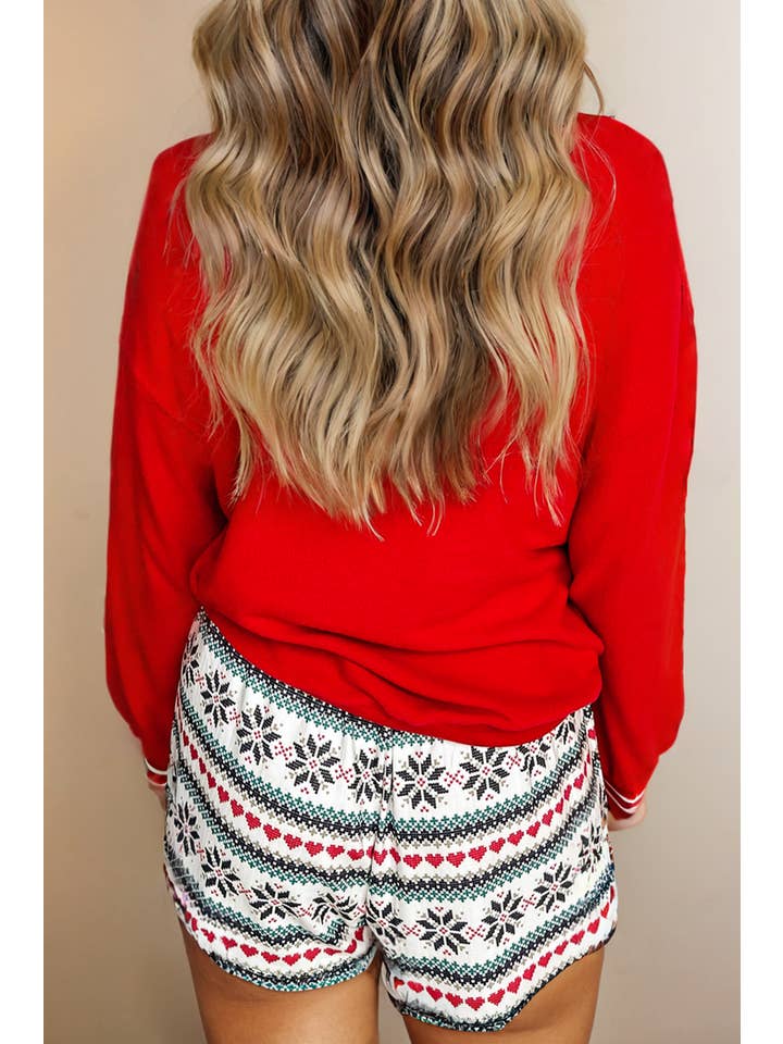 Red SLEIGH Print Long Sleeve and Wide Leg Shorts Lounge Set for wholesale on Faire