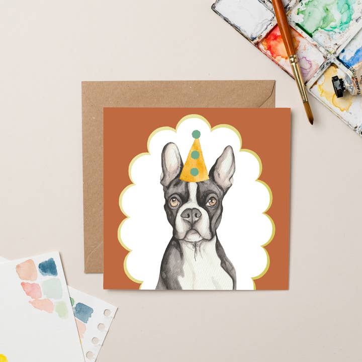Carte de fête Boston Terrier avec feuille d'or pour la vente par lil wabbit