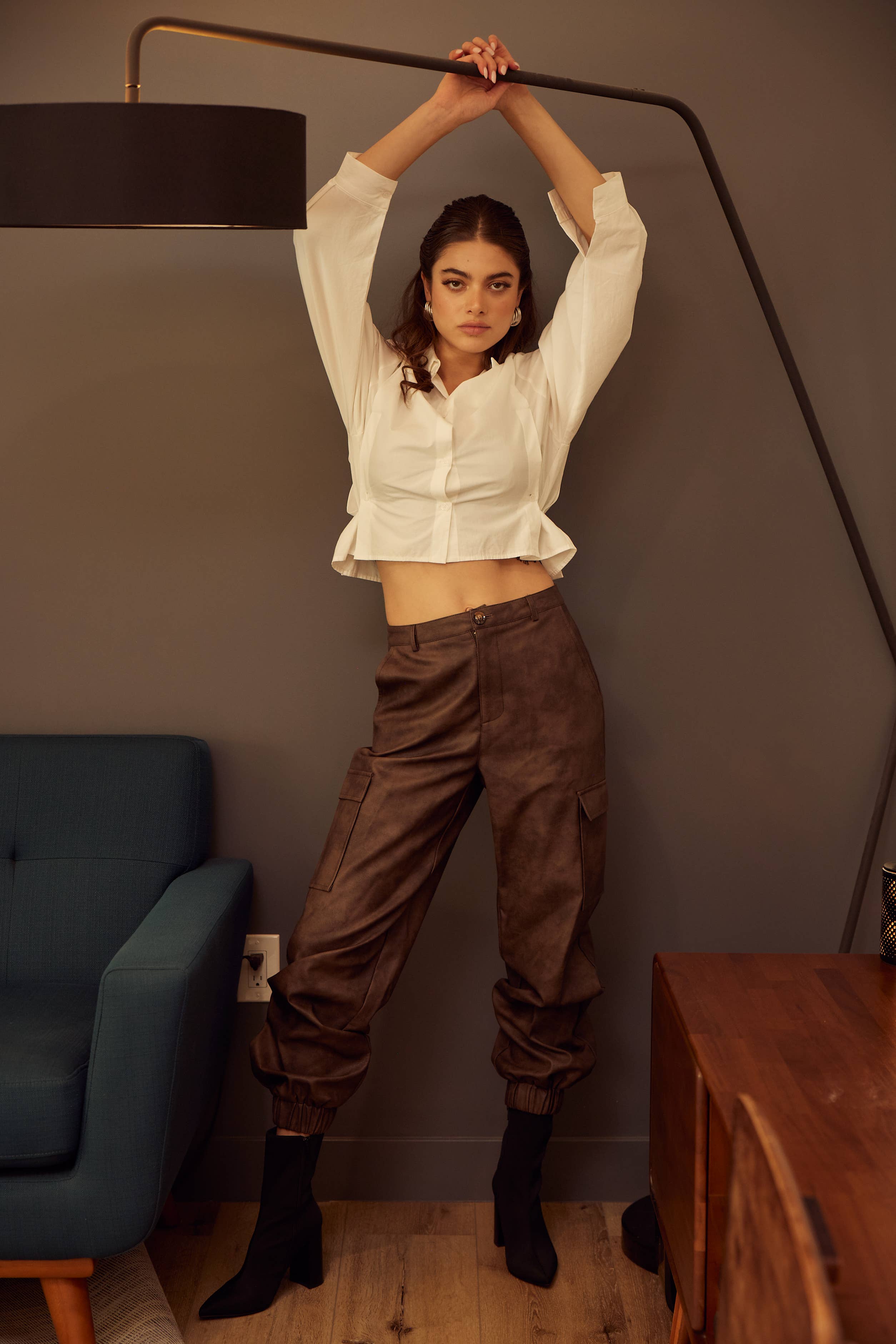 Brown PLEATHER CLASSY CUFFED CARGO JOGGERS-PI6888FO for wholesale on Faire1