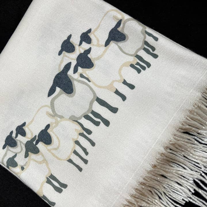 🐑 Cashmere Feel Luxury Scarf | Handprinted with Sheep 🌟 for wholesale by Art on Scarves