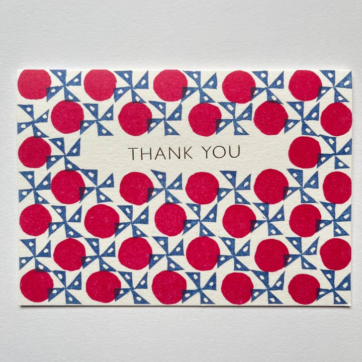 Thank You Windmill Pattern Card in Navy and Red for wholesale by Takako Copeland