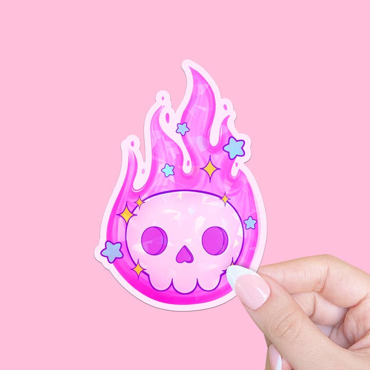Kawaii Witchy Fire Skull Holographic Die Cut Vinyl Sticker for wholesale by LooLooKazoo