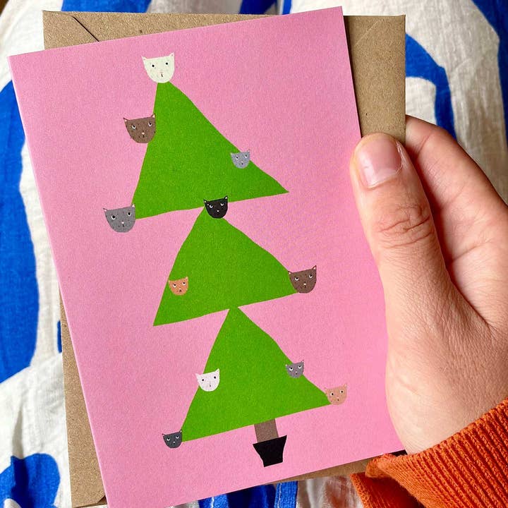 Kitty Christmas tree card for wholesale by Nicola Rowlands