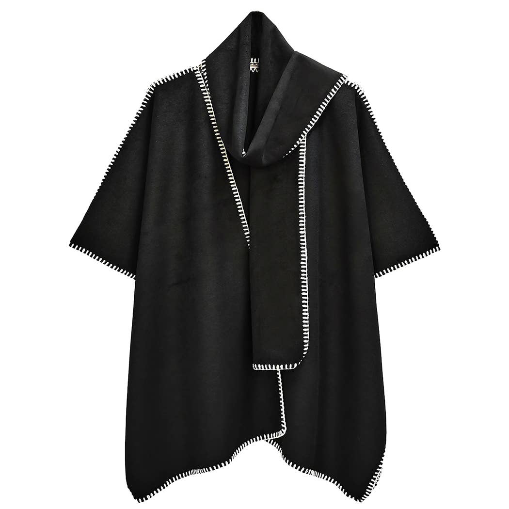 Fashion City - Wholesale Poncho - Women's - Stitched Edge Scarf Ruana Wrap Poncho0