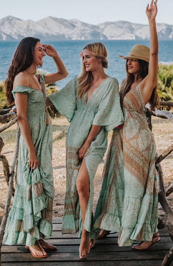 Miss Kitsch - Wholesale Dress - Women's - IBIZA DRESS Boho Long Silk Dress, Sea Green and Gold3
