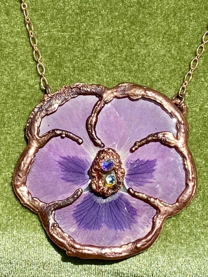 Real Giant Pansy Necklace - Copper Electroformed for wholesale by The Posh’mina