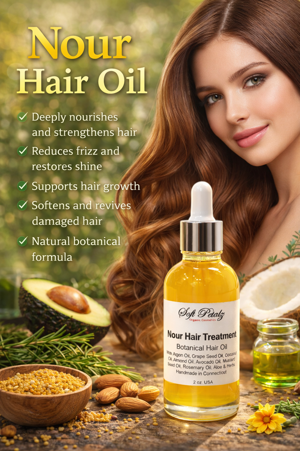 Soft Petalz Organic Cosmetics LLC - Vendita all'ingrosso Oli per capelli - Trattamento Capelli Nour Olio Botanico per Capelli1