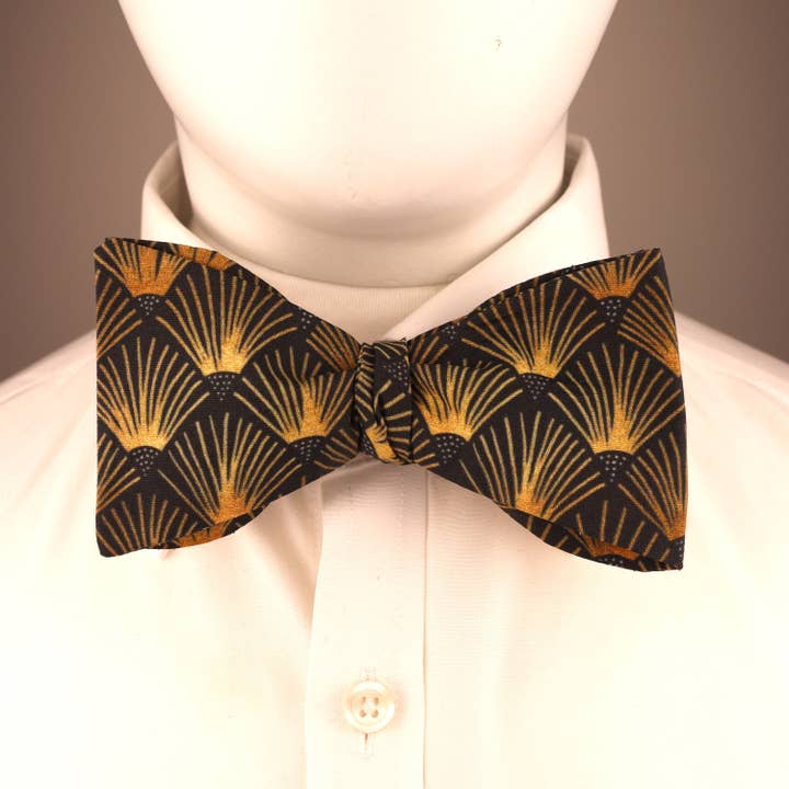 Dapper & Suave - Wholesale Bow Tie - Men's - Art Deco Black Gold Print Cotton Self Tie Bow Tie