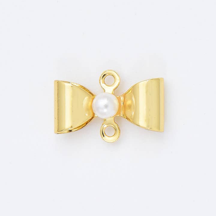 Beads Creation - Wholesale Individual Charm/Pendant - Gold Filled Double Hole Loop Pearl Bow Connector, CN474