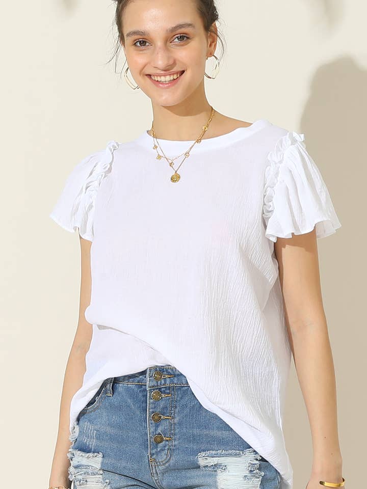 CWTBLS203_R NECK FRILL SHORT SLEEVE BLOUSE TOP for wholesale by NINEXIS