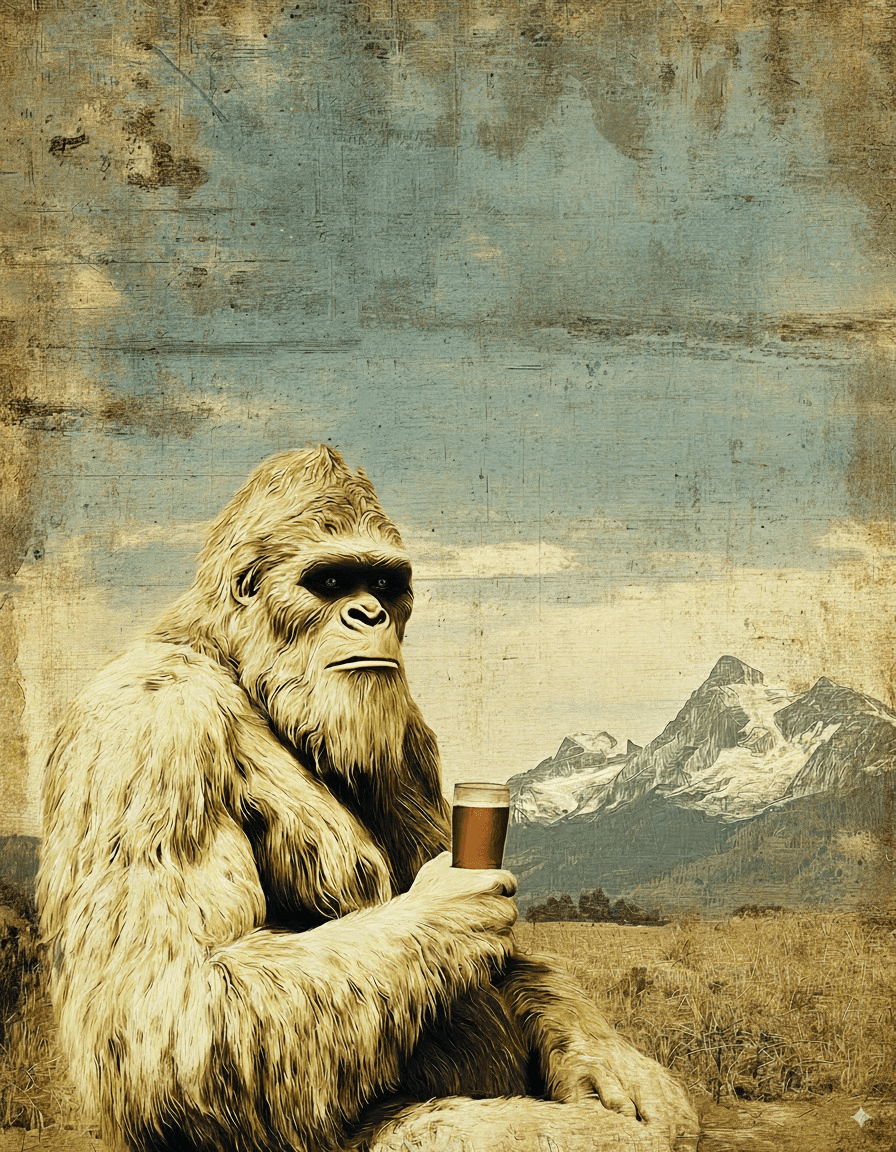 Mowbi - Wholesale Art Print - Bigfoot Having a Beer in a Mountain Meadow Art Print - 8"x10" Artwork for 11"x14" Frame0