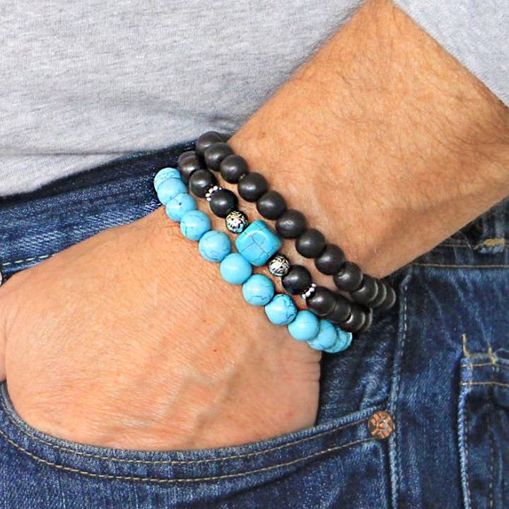 Men's Bracelets Set of 3 Beaded Stretch Bracelets Turquoise for wholesale by Bohemian Bracelets