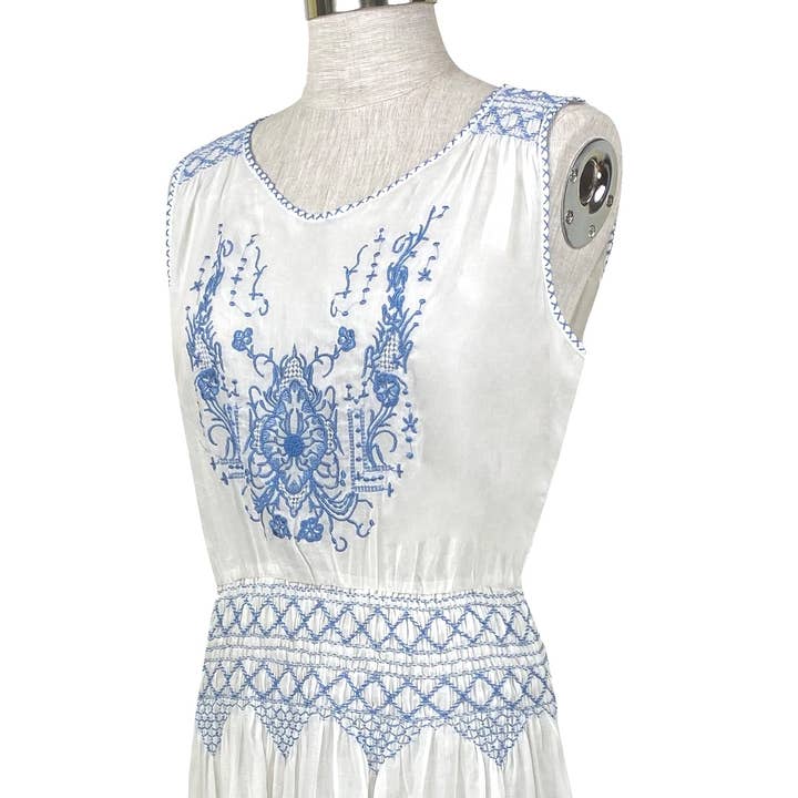 Vintage 1920's Style Embroidered French Peasant Dress - Blue and other Purchase Wholesale sheer voile fabric. Free Returns & Net 60 Terms on Faire trending on Faire.