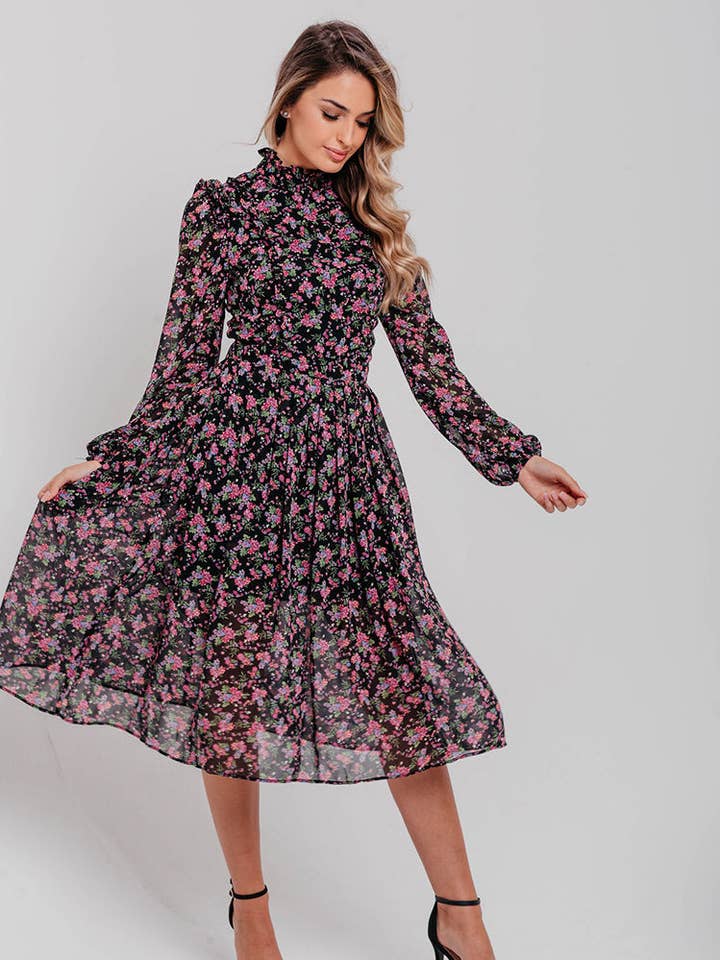 Sort og Lilla Blomstret Plisseret Midi Kjole for engroshandel hos Pretty Darling