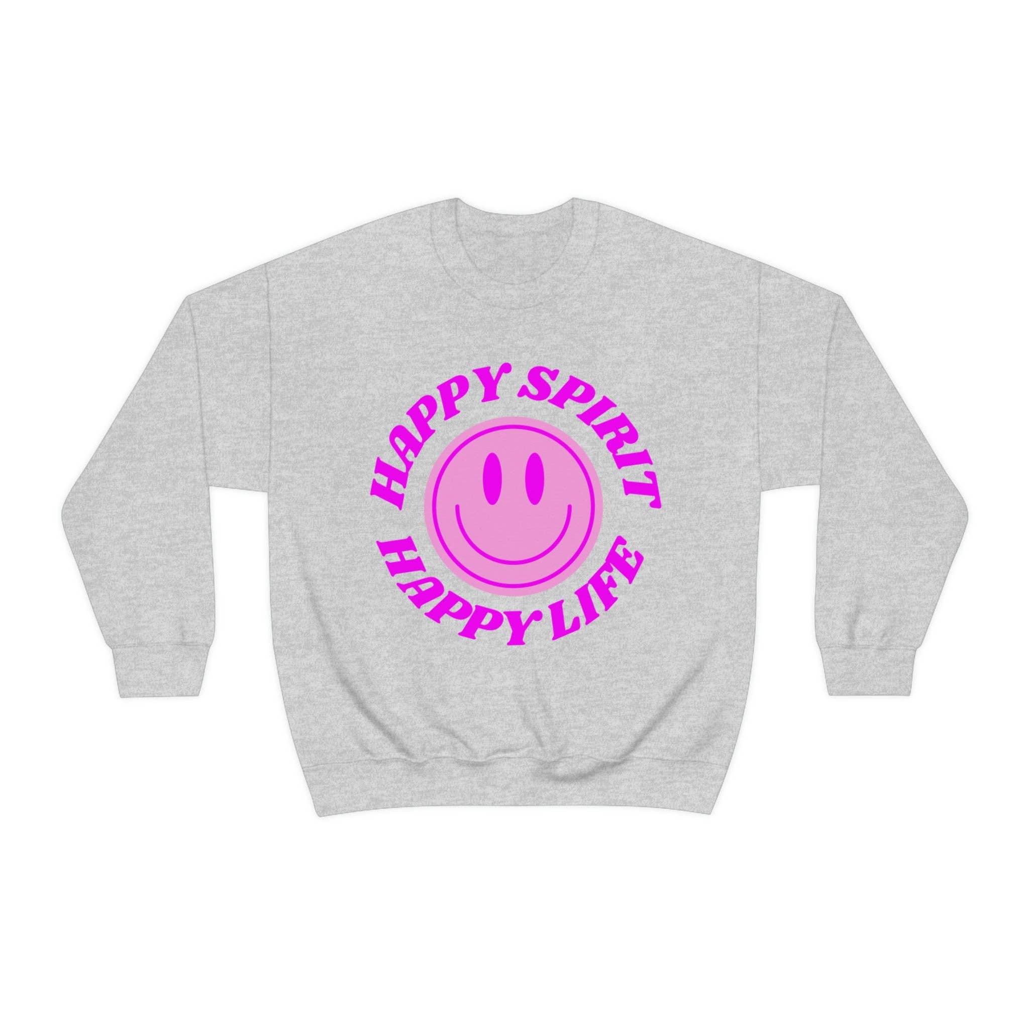 Happy Life Stuff - Wholesale Graphic Sweatshirt - Women's - Happy Spirit Happy Life Sweatshirt, VSCO Girl Crewneck, Oversized Retro Font Graphic Tumblr, Front Print Smile Face Trendy Cover Up37