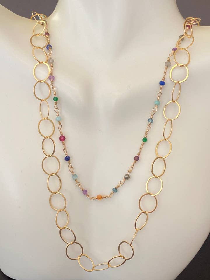 36” long half and half mixed gemstone necklace in 14kt gold for wholesale by Judy Brandon Jewelry