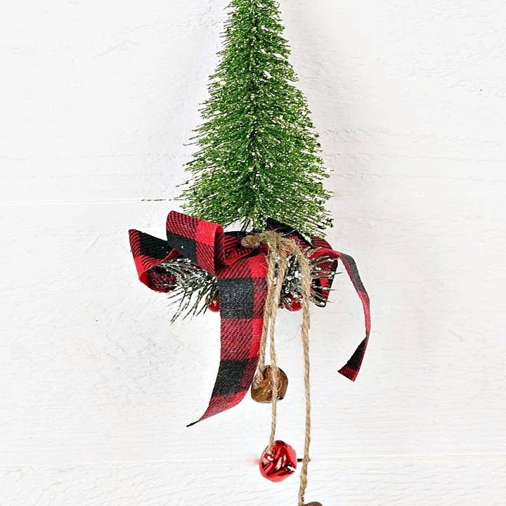 11378- 12inL Glittered GR Brush Tree Orna w.Gingham Bow and for wholesale by Impressive Enterprises, Inc.