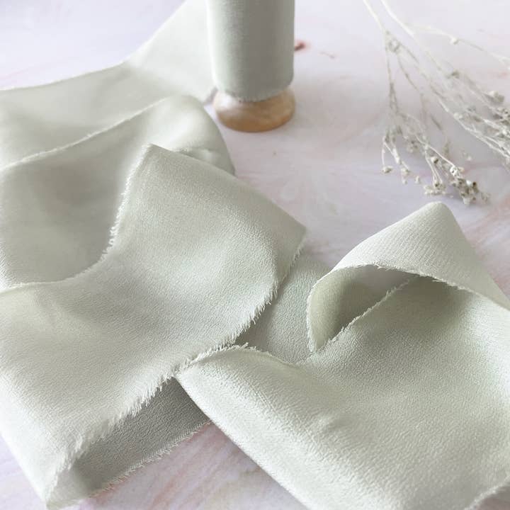 The Natural Paper Company - Wholesale Ribbon - Gift Wrapping - Dusky Sage Green Silk Ribbon | Raw Edge Silk on Wooden Reel