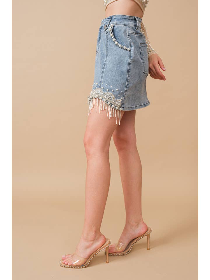 MED WASH 80038S - Stretch Denim Embellished Pearl Fringe Mini Skirt for wholesale on Faire
