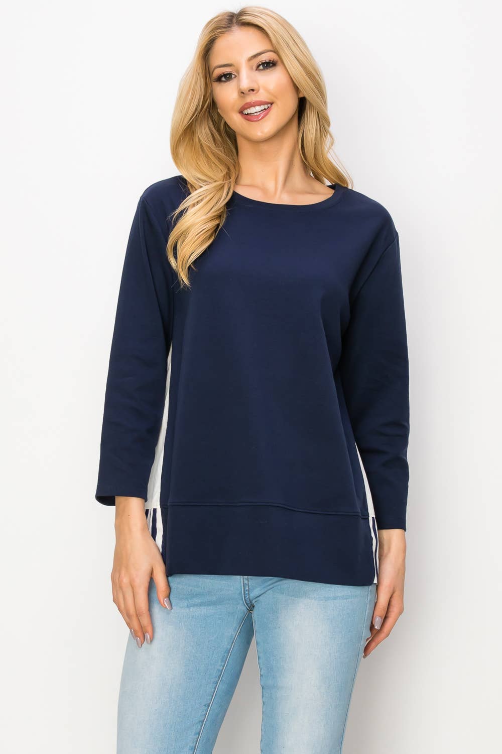 Navy Regina Spitzenstrick mit Streifen aus Baumwollpopeline für den Großhandel auf Faire11