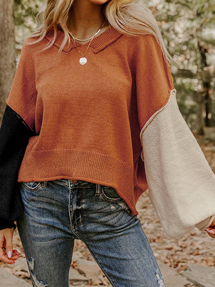 Colorblock Raw Edge Bubble Sleeve V-Neck Sweater and other Purchase Wholesale color block sweater. Free Returns & Net 60 Terms on Faire trending on Faire.