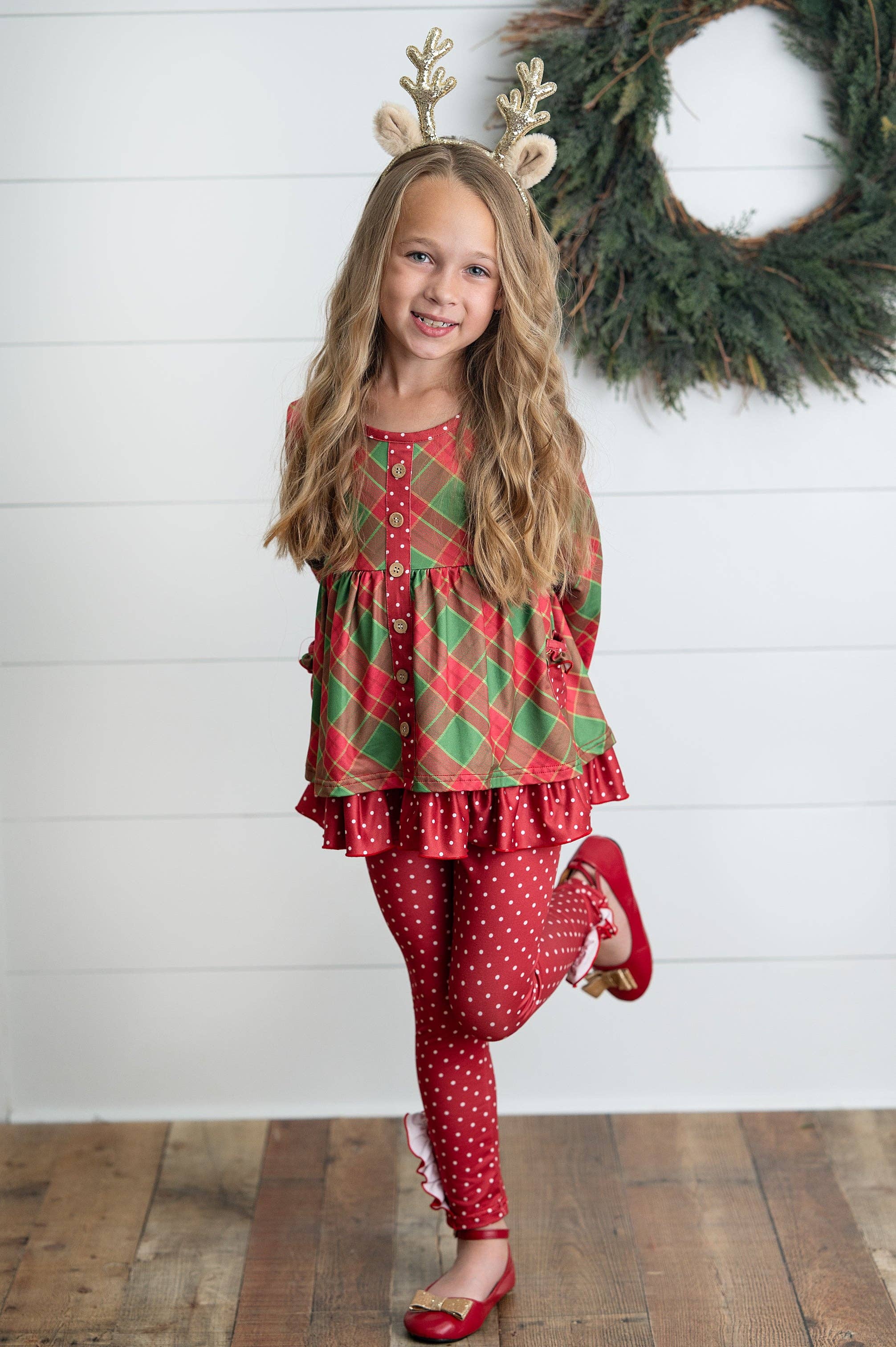 Adorable Sweetness - Wholesale Top & Pant Set - Kids - Kids Holiday Plaid & Polka Dot Pocket Ruffle Button Pant Set1