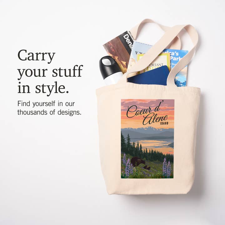 Lantern Press - Wholesale Tote Bag - Unisex - ORGANIC TOTE BAG Coeur d'Alene, Idaho, Bear & Flowers