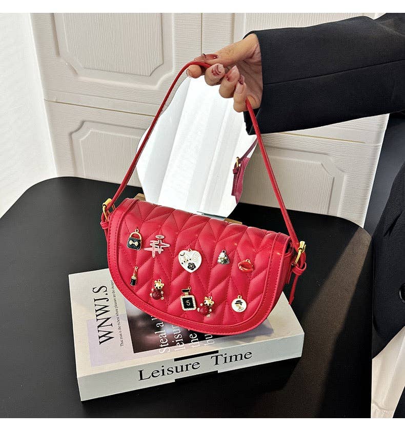 MB Fashion Wholesale - Wholesale Crossbody Bag - Women's - Every Fashion Charm Saddle Crossbody Bag – Quilted PU Leather with Cute Charms 27719