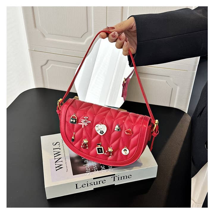 MB Fashion Wholesale - Wholesale Crossbody Bag - Women's - Every Fashion Charm Saddle Crossbody Bag – Quilted PU Leather with Cute Charms 27718