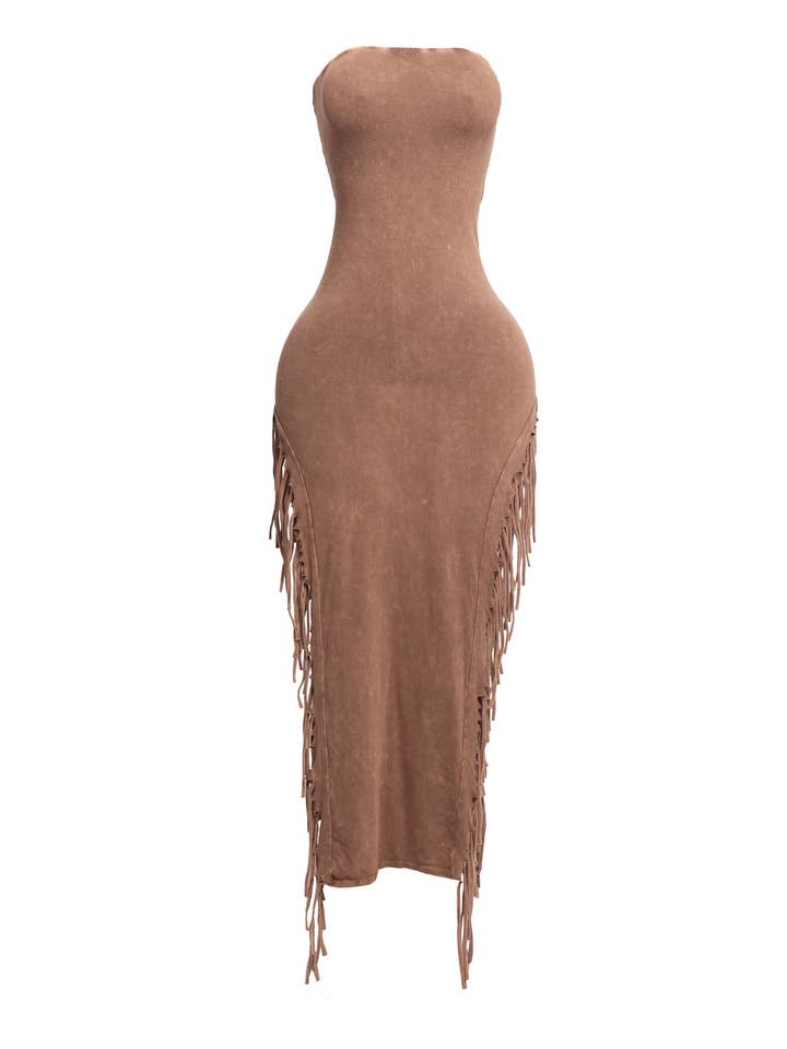 ORANGE MINERAL WASH Fringe Trim Tube Maxi Dress for wholesale on Faire