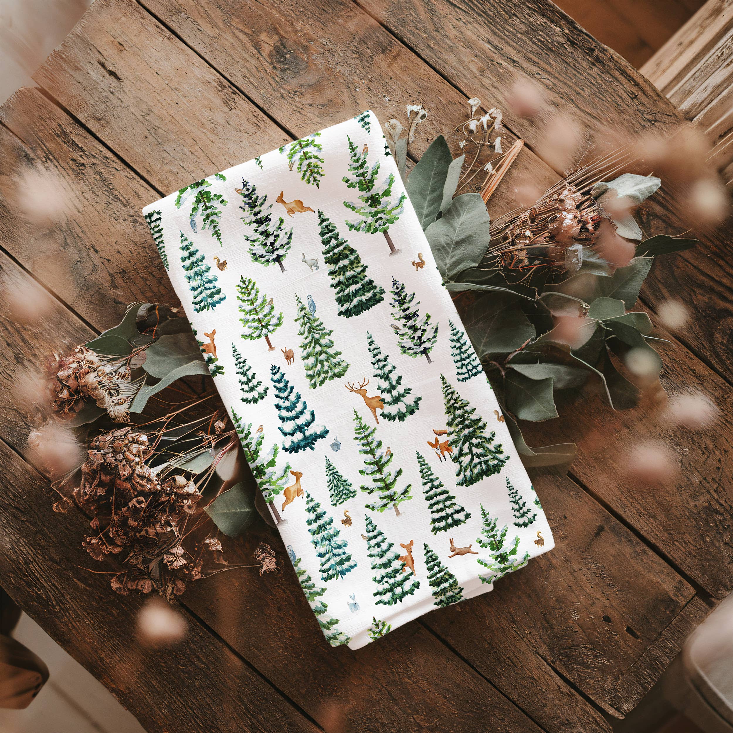 Watercolor Wednesday - Wholesale Tea Towel - Woodland Tea Towel | Snowy Winter Forest for Kitchen1