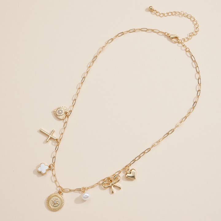 Frem - Wholesale Pendant/Charm Necklace - Charm Necklace with Heart, Cross, Compass & Bow Pendants