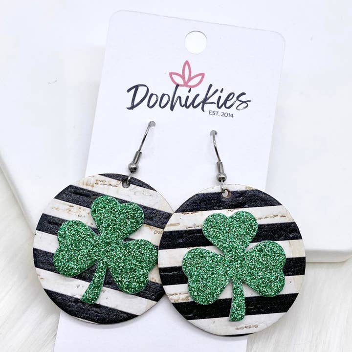 2" Green Glitter 3-D Shamrocks on Solid Lines Circles -Earrings for wholesale by Doohickies