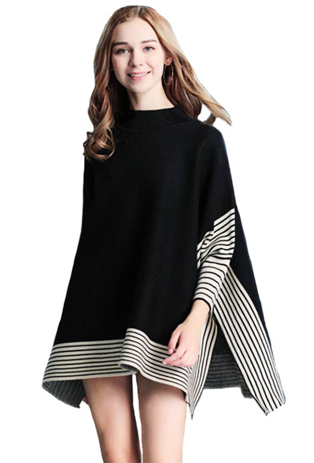 Fennco Styles – wholesale Poncho - Dam – Randig stickad pullover med fladdermusärm poncho-tröja13