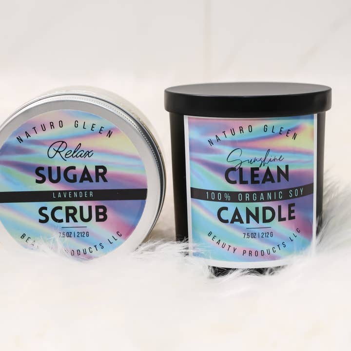 Pack de gommage au sucre à la lavande et de bougies Sunshine Clean pour la vente par Naturo Gleen Beauty Products