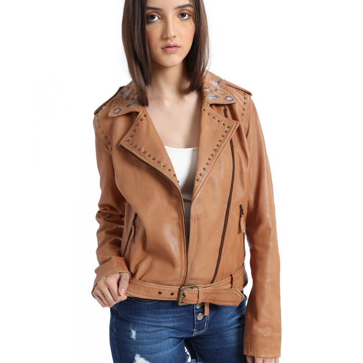 Tanned Embroidered LEATHER Jacket for wholesale by Myra Bag