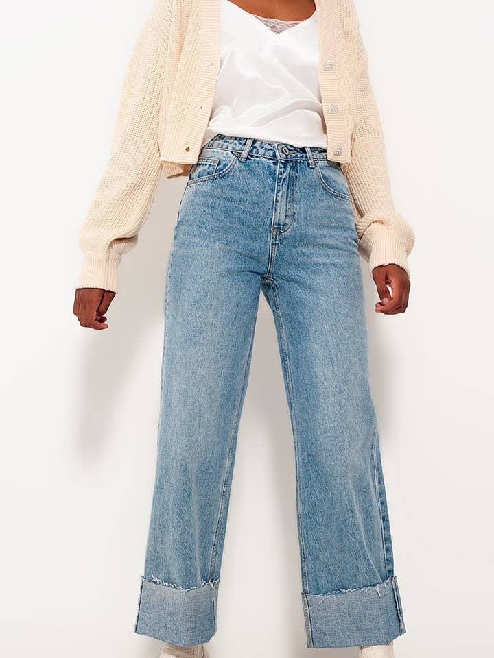 Relaxed straight leg jeans with turn up in bleach wash for wholesale by Q2—All Orders:Free Duties for the US,UK,and Canada