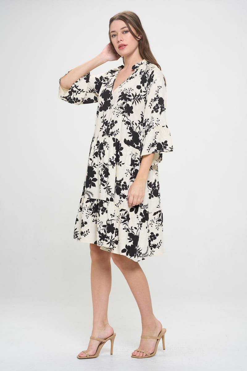 Black Ivory Made in USA Floral Print V neck 3/4 Sleeve Tiered Dress for wholesale on Faire2
