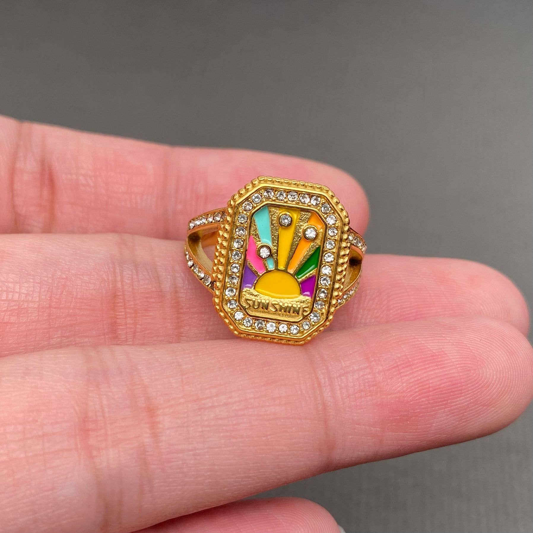 Mio Queena - Wholesale Cocktail/Statement Ring - Inlaid CZ Enamel 18K Gold Plated Stainless Steel Ring - FGS2