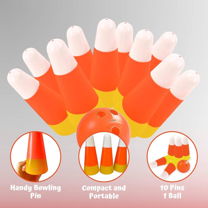 4E's Novelty - Wholesale Toy Set - Kids - 4E's Novelty Candy Corn Bowling Set for Kids & Adults - Halloween Bowling Game, Bowling Ball & 10 Plastic Bowling Pins Set, Fun Bowling Party Favors